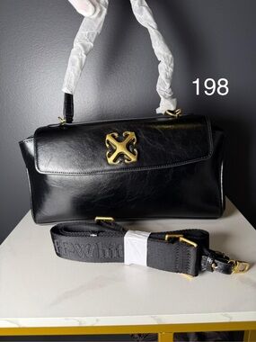 Black Leather Shoulder Bag with Gold Accent